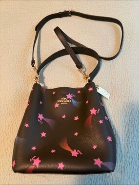 Coach Black Pebbled Leather Star-Print Bucket Bag with Pink Accents